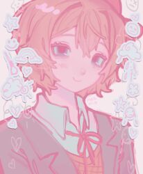  1girl absurdres blue_eyes blush bow broken_heart doki_doki_literature_club doki_doki_literature_club_school_uniform grey_jacket hair_bow heart highres jacket mi0mk neck_ribbon pink_background pink_hair red_bow ribbon sayori_(doki_doki_literature_club) school_uniform short_hair smile solo star_(symbol) twitter_username 