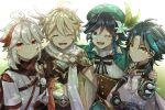  4boys :d ;d ^_^ aether_(genshin_impact) ahoge aqua_eyes aqua_hair arm_around_shoulder armor bandaged_hand bandages bangs bead_necklace beads beret black_bow black_bowtie black_hair black_scarf blonde_hair blue_gloves bow bowtie braid brown_corset brown_shirt buttons capelet chinese_clothes closed_eyes closed_mouth collared_capelet commentary_request corset crop_top cropped_shirt crossed_arms crossed_bangs diamond-shaped_pupils diamond_(shape) earrings facial_mark flower forehead_mark gem genshin_impact gloves gold_trim gradient_hair green_capelet green_hair green_headwear grey_hair grey_kimono hair_between_eyes hair_flower hair_ornament hand_up hat highres holding holding_leaf japanese_armor japanese_clothes jewelry kaedehara_kazuha kimono leaf looking_at_viewer low_ponytail male_focus maple_leaf medium_hair midriff multicolored_hair multiple_boys necklace one_eye_closed open_mouth parted_bangs pom_pom_(clothes) ponytail red_eyes redhead scarf shirt short_sleeves shoulder_armor shoulder_spikes side_braids sidelocks single_earring sleeveless sleeveless_shirt smile spikes streaked_hair su34ma symbol-shaped_pupils tassel teeth tongue twin_braids upper_body v venti_(genshin_impact) vision_(genshin_impact) white_flower white_scarf white_shirt xiao_(genshin_impact) yellow_eyes 