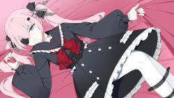 1girl absurdres anis_bennett black_bow black_sailor_collar black_shirt black_skirt blue_eyes bow bowtie commentary_request djcloud_(khg9203) eyepatch hair_bow hair_ornament highres leg_belt long_hair lying muv-luv muv-luv_girls_garden muvluv on_back pantyhose pink_hair red_bow red_bowtie sailor_collar school_uniform sheet_grab shirt skirt solo twintails white_mouth white_pantyhose