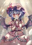  1girl bat_wings flower hat hat_ribbon highres holding holding_flower kutabiretainu looking_at_viewer mob_cap puffy_short_sleeves puffy_sleeves remilia_scarlet ribbon short_sleeves smelling_flower solo touhou white_flower wings wrist_cuffs 