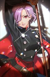  1girl belt black_shirt brown_belt chain cowboy_shot erina_(p5t) grin hair_over_one_eye highres holding holding_polearm holding_weapon long_sleeves looking_at_viewer megami_tensei persona persona_5 persona_5_tactica polearm purple_hair red_eyes shirt short_hair silhouette smile solo spotlight wanderstillart weapon 