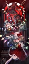  4girls absurdres artist_name ascot blonde_hair bloomers bow clone closed_mouth collared_shirt commentary_request crystal crystal_wings fang fang_out flandre_scarlet flying four_of_a_kind_(touhou) frilled_shirt_collar frilled_skirt frills full_body full_moon glowing glowing_eyes hat hat_bow highres looking_at_viewer mob_cap mochacot moon multicolored_wings multiple_girls one_side_up open_mouth puffy_short_sleeves puffy_sleeves red_bow red_eyes red_skirt red_sky red_vest shirt short_sleeves skin_fang skirt skirt_set sky smile touhou vest white_bloomers white_hat white_shirt window wings yellow_ascot 