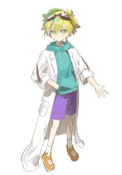  1boy aqua_hoodie blonde_hair closed_mouth coat commentary full_body goggles goggles_on_head highres hood hood_down hoodie jammkv jett_(human)_(precure) jett_(precure) lab_coat long_hair low_ponytail male_focus meitantei_precure! open_clothes open_coat ponytail precure purple_shorts shoes shorts solo split_mouth standing untranslatable_commentary white_background white_coat 