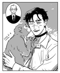  2boys animal asada_nemui border commentary_request dated greyscale highres holding holding_animal long_sleeves male_focus mamiya_touya monkey monochrome multiple_boys one_eye_closed open_mouth sada_seiji scar scar_on_face shirt short_hair signature sleeping_dead smile white_border 