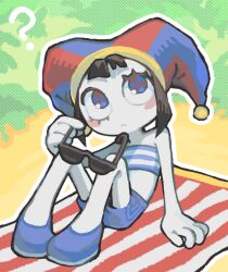  1girl ? bandeau beach_towel blue_male_swimwear blue_shoes blush_stickers brown_hair colored_skin commentary english_commentary flat_chest full_body hat holding holding_removed_eyewear jester_cap male_swimwear multicolored_eyes official_alternate_costume outline pomni_(the_amazing_digital_circus) robot_(pixiv_42325944) sand shoes sitting_on_towel solo striped_bandeau sunglasses the_amazing_digital_circus towel two-tone_eyes unworn_eyewear white_outline white_skin 