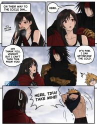  1girl 2boys ^^^ armor artist_logo artist_name azezazel bare_shoulders black_gloves black_hair black_jacket blonde_hair breath cloak cloud_strife clouds cloudy_sky cold commentary earrings elbow_gloves english_commentary english_text final_fantasy final_fantasy_vii final_fantasy_vii_remake final_fantasy_vii_revelation fingerless_gloves gauntlets gloves headband highres jacket jewelry logo looking_at_another motion_lines multiple_boys parted_lips red_cloak red_eyes red_headband short_hair shoulder_armor single_gauntlet sky spiky_hair surprised sweatdrop teardrop_earrings tifa_lockhart trembling twitter_username undressing upper_body vincent_valentine 