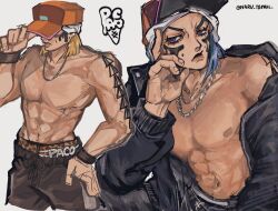  1boy abs arm_tattoo baseball_cap belt black_jacket blonde_hair blue_hair brown_shorts character_name closed_mouth facial_mark hand_on_own_face hand_on_own_thigh hat highres jacket jewelry jojo_no_kimyou_na_bouken male_focus multiple_views naru_tomaki navel necklace open_clothes open_jacket paco_laburantes shorts shoulder_tattoo simple_background solo solo_focus tattoo the_jojolands topless_male violet_eyes white_background wristband 