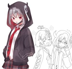  2girls :d ^_^ bandaged_horn black_choker black_hood black_jacket black_mask choker closed_eyes collared_shirt colored_inner_hair crossed_bangs dot_nose furrowed_brow grey_hair grey_skirt hair_between_eyes hair_ornament hands_in_pockets highres hood horned_hood horns jacket korean_text looking_at_viewer mahou_shoujo_no_majo_saiban mask mouth_mask multicolored_hair multiple_girls necktie o-ring o-ring_choker official_alternate_costume open_mouth plaid_clothes plaid_skirt red_eyes red_hair red_necktie sakuraba_ema shirt shito_alisa short_hair simple_background skirt smile translation_request white_background white_shirt x_hair_ornament yingyeomnsb 