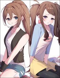  2girls black_pantyhose black_vest blue_eyes blush brown_hair commentary cutoffs denim denim_shorts exposed_pocket hair_between_eyes high_ponytail highres hilda_(pokemon) looking_at_viewer multiple_girls nii_(marimo_416) open_clothes open_mouth open_vest pantyhose poke_ball poke_ball_print pokemon pokemon_black_2_and_white_2 pokemon_black_and_white ponytail raglan_sleeves rosa_(pokemon) seiza shorts sitting swept_bangs twintails untranslatable_commentary vest white_background wristband yellow_shorts 