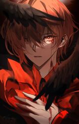  1boy black_background black_wings blood blood_from_eyes blood_on_hand commentary earphones highres long_sleeves losea male_focus miyama_kei orange_eyes orange_hair orange_shirt paradox_live shirt short_hair untranslatable_commentary wings 