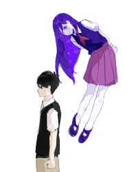  1boy 1girl antenna_hair black_shoes brother_and_sister floating highres mari_(headspace)_(omori) mari_(omori) nayonayooooooo omori purple_hair shoes siblings smile socks sunny_(omori) white_socks 