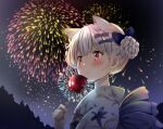  1girl aerial_fireworks animal_ear_fluff animal_ears bangs blue_bow blush bow braid braided_bun candy_apple commentary_request double_bun fireworks floral_print food grey_hair hair_bow hair_bun hand_up holding holding_food indie_virtual_youtuber japanese_clothes kimono looking_away natsume_eri natsume_eri_(vtuber) night night_sky outdoors parted_lips print_kimono purple_bow red_eyes reflection sky solo upper_body virtual_youtuber white_kimono 