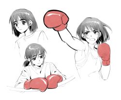  1girl boxing_gloves closed_mouth commentary greyscale highres military_vehicle monochrome motor_vehicle multiple_views ootsu_mari open_mouth pochato ponytail sayonara_lara shirt short_ponytail smile spot_color sweat tank 