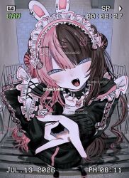  1girl alternate_costume animal_ears apron blue_eyes blunt_bangs blush brown_hair choker commentary dated double_bun fangs foreshortening from_above full_body gyaru_v hair_bun hair_ornament hairclip highres jersey_maid long_hair long_sleeves looking_at_viewer maid maid_apron maid_headdress multicolored_hair nijisanji on_stairs open_mouth pink_hair pink_nails rabbit_ears railing smile solo spiked_choker spikes split-color_hair stairs standing stone_stairs tachibana_hinano twitter_username two-tone_hair two_side_up unconventional_maid v virtual_youtuber xdoxa89 