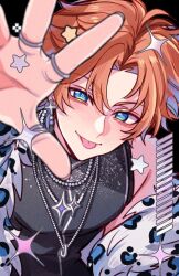  1boy akehoshi_subaru animal_print arm_up bead_necklace beads black_background black_shirt blue_eyes closed_mouth commentary ensemble_stars! fur_jacket hair_between_eyes hair_ornament jacket jewelry leopard_print looking_at_viewer male_focus multiple_necklaces multiple_rings necklace neki_(nekiansu0918) official_alternate_costume orange_hair outstretched_arm parted_bangs ring ring_necklace shirt short_hair simple_background sleeveless sleeveless_shirt smile solo star_(symbol) star_hair_ornament tongue tongue_out upper_body white_jacket 