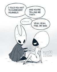  2girls arthropod_girl bodysuit cloak colored_skin english_text full_body greyscale hat healing highres hollow_eyes hollow_knight hollow_knight:_silksong horned_mask hornet_(hollow_knight) injury lace_(hollow_knight) looking_at_another mask monochrome multiple_girls oru_(0ruru_0ru95) puffy_sleeves sitting speech_bubble 