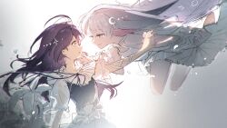  2girls absurdres bare_arms bare_shoulders blue_dress blue_hair cho_kaguya-hime! commentary crescent dress english_commentary flower from_side full_body hand_on_another's_chin highres interlocked_fingers long_hair multicolored_hair multiple_girls open_mouth pink_streaks runami_yachiyo sakayori_iroha smile streaked_hair t0nys tears white_dress white_flower white_hair yuri 