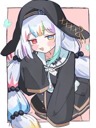  1girl animal_hat arutisu0723 beret black_hat black_jacket black_skirt blue_eyes blush_stickers border bug butterfly colored_tips commentary_request cowboy_shot cross-laced_headwear green_butterfly hat heterochromia highres jacket jogasaki_noah long_hair long_sleeves looking_at_viewer mahou_shoujo_no_majo_saiban multi-tied_hair multicolored_eyes multicolored_hair official_alternate_costume open_mouth paintbrush pink_background pleated_skirt rabbit_hat red_eyes shirt simple_background skirt sleeves_past_fingers sleeves_past_wrists smile solo streaked_hair white_border white_hair white_shirt yellow_eyes 