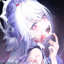  1girl absurdres bare_shoulders bianca_(black_survival) black_nails black_survival blood_on_cheek blood_on_shoulder commentary_request eternal_return:_black_survival flower flower-shaped_pupils frills from_side hair_flower hair_ornament hairband hand_up head_tilt highres hop3 korean_commentary long_hair looking_at_viewer looking_to_the_side nail_polish open_mouth red_eyes smile solo symbol-shaped_pupils upper_body white_hair 