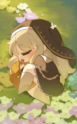  1girl absurdres black_dress blonde_hair charlotte926897 chibi chibi_only closed_eyes dress frilled_dress frills full_body grass highres long_hair long_sleeves nun nun_headdress outdoors pumpkin sleeping solo speaki_(trickcal) tongue trickcal 