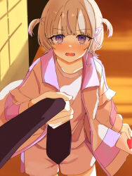  1girl black_necktie blonde_hair blurry blurry_background blush clothes_grab commentary_request highres holding holding_letter hololive hololive_dev_is jacket letter looking_at_viewer love_letter multicolored_hair necktie necktie_grab neckwear_grab open_mouth potepote3415 pov purple_hair shirt short_hair shorts streaked_hair todoroki_hajime todoroki_hajime_(1st_costume) two_side_up violet_eyes virtual_youtuber white_jacket white_shirt white_shorts 