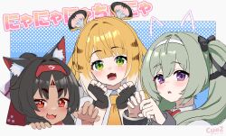  3girls animal_ears black_gloves black_hair blonde_hair cat_ears cat_girl commentary_request corin_wickes cuffs drawn_ears fingerless_gloves gloves green_eyes green_hair hair_between_eyes highres ju_fufu long_hair multiple_girls necktie nekomiya_mana red_eyes tiger_ears tiger_girl translation_request twintails twitter_username violet_eyes yellow_necktie yume_tiem zenless_zone_zero 