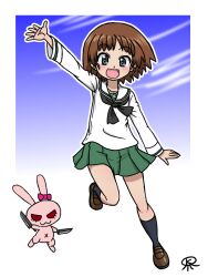  1girl blue_eyes blush brown_hair girls_und_panzer looking_at_viewer miniskirt ooarai_school_uniform open_mouth rabbit sakaguchi_karina school_uniform short_hair skirt smile solo takahashi_kurage 