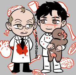  2boys animal asada_nemui balding black_hair blood blood_on_clothes bone brain chibi chibi_only commentary_request copyright_name facial_hair full_body glasses holding holding_animal lab_coat long_sleeves looking_at_another male_focus mamiya_touya monkey multiple_boys mustache pants round_eyewear sada_seiji scar scar_on_face short_hair sleeping_dead smile standing 