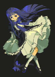  1girl absurdres black_background black_bow black_shoes blue_bow blunt_bangs bow breasts cat_tail chest_bow dress empty_eyes expressionless frederica_bernkastel frilled_dress frilled_socks frills full_body gothic_lolita highres hime_cut kneehighs layered_dress lolita_fashion long_hair long_sleeves looking_at_viewer lostack mary_janes puffy_sleeves purple_hair shoes sidelocks simple_background small_breasts socks solo tail tail_bow tail_ornament umineko_no_naku_koro_ni violet_eyes wide_sleeves 