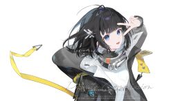  1girl arknights arknights:_endfield black_coat black_hair blue_eyes chinese_commentary coat commentary_request endministrator_(arknights) female_endministrator_(arknights) hair_ornament highres long_sleeves medium_hair no_mask open_clothes open_coat open_mouth simple_background solo su_ran_(bilibili_18604428) upper_body v watermark white_background 
