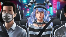  1girl 2boys black_eyes black_hair blue_hair brown_eyes car_interior chain collar commentary_request copyright_notice drill_hair east_asian enomoto_yoshitaka frown highres hololive lips long_hair mask mouth_mask multicolored_hair multiple_boys prison_clothes rabbit_ear_headwear red_lips seatbelt shirt striped_clothes striped_hat striped_shirt surgical_mask two-tone_hair usada_pekora virtual_youtuber white_hair 