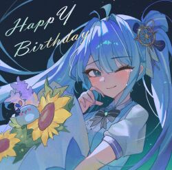  1girl arahashi_tabi black_bow blue_dress blue_eyes blue_hair blunt_bangs bouquet bow breasts chest_bow closed_mouth commentary_request dress floating_hair flower from_side hair_intakes hair_ornament hand_up happy_birthday happy_tears highres holding holding_bouquet korean_commentary long_hair looking_at_viewer nail_polish noah_1537446 one_eye_closed pungdangi_(arahashi_tabi) purple_flower short_sleeves small_breasts stellive sunflower tears twintails virtual_youtuber white_sleeves 