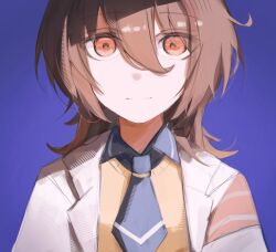  1girl agnes_tachyon_(tach-nology)_(umamusume) agnes_tachyon_(umamusume) brown_hair chocomint24801 closed_mouth coat commentary hair_between_eyes highres horse_girl lab_coat looking_at_viewer necktie red_eyes shirt short_necktie solo sweater sweater_vest umamusume untranslatable_commentary upper_body white_coat wolf_cut yellow_sweater yellow_sweater_vest 