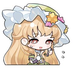  1girl argyle_clothes argyle_dress artist_request blonde_hair blush_stickers bow bright_pupils brown_eyes chibi choker clenched_hand cropped_torso cross-laced_armwear downturned_eyes dress flower flying_sweatdrops frilled_choker frilled_dress frilled_headwear frilled_sleeves frills gloves green_dress green_hat hand_in_own_hair hat hat_flower infinity_nikki jewelry long_sidelocks nervous_smile nikki_(series) off-shoulder_dress off_shoulder official_art open_mouth orange_flower pendant pink_flower puffy_short_sleeves puffy_sleeves purple_bow purple_sash sash short_sleeves shy sidelocks sleeve_bow smile solo sticker_(medium) sweatdrop tareme transparent_background unseen_colors_(infinity_nikki) waist_sash white_choker white_gloves white_pupils yellow_flower 