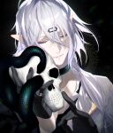  1boy arknights bishounen black_background black_gloves choker closed_eyes closed_mouth gloves highres infection_monitor_(arknights) male_focus mtk_(souko) pointy_ears shalem_(arknights) short_hair simple_background skull snake solo upper_body white_hair 