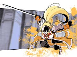  1girl armor armored_boots ayasa_kaguchi black_gloves black_mask black_pants blonde_hair boobplate boots border bow braid braided_base darkness_(konosuba) eye_mask fighting_stance floating_hair gloves hair_ornament half_mask highres holding holding_sword holding_weapon kono_subarashii_sekai_ni_shukufuku_wo! letterboxed long_hair mask open_hand open_mouth outside_border outstretched_arms pants ponytail ponytail_with_braided_base red_bow shoulder_armor smile solo splatter_background sword teeth two-tone_mask upper_teeth_only vanir very_long_hair weapon white_mask x_hair_ornament 