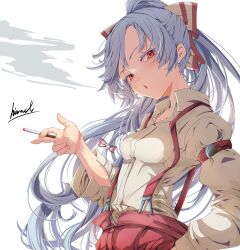  1girl :o bow breasts cigarette commentary fujiwara_no_mokou hair_bow hand_in_pocket hand_up highres holding holding_cigarette long_hair looking_at_viewer nuru_himmel pants ponytail red_eyes red_pants shirt signature small_breasts smoke smoke_trail smoking solo suspenders touhou upper_body white_background white_hair white_shirt 