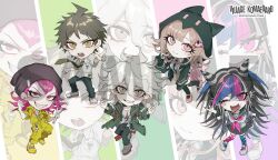  2girls 3boys ahoge asymmetrical_legwear beanie black_scrunchie blue_streaks blush_stickers brown_hair brown_shoes chibi chibi_only commentary_request danganronpa_(series) danganronpa_2:_goodbye_despair ear_piercing face_piercing gloves green_eyes green_hoodie green_jacket hair_horns hat highres hinata_hajime holding holding_wrench hood hood_down hoodie jacket jumpsuit komaeda_nagito kuroume_(aihikarikuroume24) mioda_ibuki mismatched_legwear mouth_piercing multicolored_hair multiple_boys multiple_girls multiple_piercings nanami_chiaki neckerchief official_art piercing pink_eyes pink_hair pink_neckerchief pink_streaks sample_watermark scrunchie sequential_piercings shirt shoes soda_kazuichi spaceship_hat_ornament streaked_hair striped_clothes striped_gloves thigh-highs torn_clothes torn_thighhighs watermark white_hair white_shirt white_streaks wrench wrist_scrunchie yellow_jumpsuit yellow_shoes zipper_pull_tab 