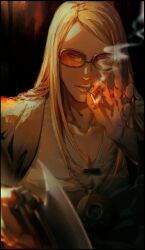  1boy blonde_hair cigarette commentary_request fate/grand_order fate_(series) highres holding holding_cigarette holding_weapon jacket jewelry kanamuna long_hair looking_at_viewer male_focus medallion necklace open_clothes open_jacket orange-tinted_eyewear shirt smoking solo sunglasses tezcatlipoca_(fate) tinted_eyewear upper_body weapon 