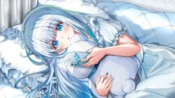  1girl bed black_nails blue_eyes blue_hair blue_nails cellphone commentary_request commission curtains gakuon_(gakuto) highres holding holding_phone holding_stuffed_toy indoors long_hair lying nail_polish nightgown on_side phone pillow project_nebula puffy_short_sleeves puffy_sleeves second-party_source short_sleeves skeb_commission solo stuffed_animal stuffed_toy teddy_bear usui_yura virtual_youtuber white_nightgown 