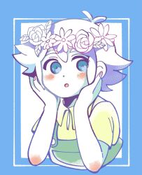  1boy aged_down antenna_hair basil_(faraway)_(omori) basil_(omori) blue_eyes blush collared_shirt commentary_request double-parted_bangs flower flower_wreath green_overalls green_shirt hair_between_eyes hands_on_own_cheeks hands_on_own_face head_wreath highres looking_at_viewer male_focus omori overalls parted_lips partially_colored shirotsume_143 shirt sidelocks solo upper_body 
