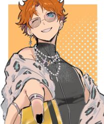  1boy akehoshi_subaru animal_print bead_necklace beads black_nails black_shirt blue_eyes border earrings ensemble_stars! fur_jacket grin highres jacket jewelry leopard_print male_focus multiple_rings necklace official_alternate_costume one_eye_closed orange_hair piyo_owo ring shirt short_hair sleeveless sleeveless_shirt smile solo turtleneck turtleneck_shirt upper_body white_border white_jacket 