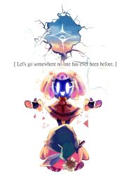  1girl arms_up black_gloves blue_skin colored_skin commentary crack cracked_wall curtsey english_commentary english_text full_body gloves glowing glowing_eyes green_hat hat highres kirby kirby_(series) kirby_and_the_world_beyond multicolored_hair playcenter purple_hair rayman_limbs smile solo sword sword_kirby two-tone_hair weapon white_background white_hair 