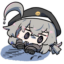  1girl @_@ ahoge beret black_gloves black_hat black_jacket cheyanne_(girls'_frontline_2) chibi chibi_only commentary crying girls'_frontline_2:_exilium girls_frontline gloves grey_hair hat hexaa highres jacket long_sleeves low_ponytail m200_(girls'_frontline) no_mouth on_floor ponytail simple_background solo tears untranslatable_commentary white_background 