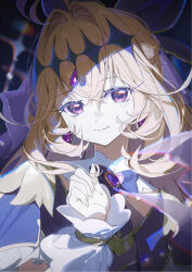  antenna_hair black_dress blonde_hair bow braid breasts brooch capelet chinese_commentary closed_mouth commentary_request cure_arcana_shadow diamond_hairband dress frilled_capelet frilled_cuffs frills hair_between_eyes hair_bow hair_intakes half_up_braid hand_up heart heart_brooch highres hokushuu jewelry long_hair looking_at_viewer magical_girl meitantei_precure! moria_luluka precure purple_veil small_breasts upper_body veil violet_eyes 