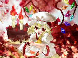  1girl blonde_hair cake candle commentary_request crystal_wings dress flandre_scarlet flower food fruit hat kyoma_(yellowxcake) mob_cap petals pillow red_dress red_eyes red_ribbon ribbon short_sleeves side_ponytail strawberry touhou vampire wings 