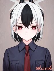 1girl alternate_costume artist_name black_hair black_horns black_shirt blue_archive bright_pupils closed_mouth colored_inner_hair commentary_request expressionless grey_halo hair_between_eyes halo highres horns kayoko_(blue_archive) kis_sako looking_at_viewer multicolored_hair necktie portrait red_eyes red_necktie shirt short_hair simple_background solo straight-on twitter_username two-tone_hair white_hair white_pupils 