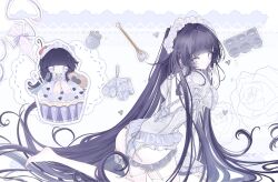  1girl alternate_costume blunt_bangs bow bright_pupils chibi chibi_inset commentary cupcake english_commentary fallenssariel floral_background food frills highres honkai_(series) honkai_impact_3rd jar leotard long_hair puffy_sleeves purple_hair raiden_mei raiden_mei_(herrscher_of_origin) spatula strap very_long_hair violet_eyes 