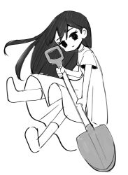  1girl black_hair dress empty_eyes floating highres holding holding_shovel long_hair looking_at_viewer mari_(omori) myohn omari_(omori) omori shovel socks white_dress white_socks 