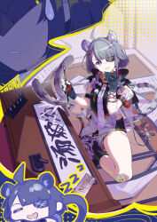  1girl absurdres ahoge animal_ears arknights arknights:_endfield bandaid bandaid_on_knee bandaid_on_leg blush calligraphy_brush chibi chibi_inset chinese_commentary commentary_request drooling endministrator_(arknights) eyepatch fang female_endministrator_(arknights) grey_hair hair_ornament hairclip hand_on_own_chin highres hokushuu holding holding_brush inkstone looking_at_viewer mask on_floor one_eye_covered paintbrush skin_fang stroking_own_chin tail tail_wagging tangtang_(arknights) teardrop tiger_ears tiger_girl tiger_tail 